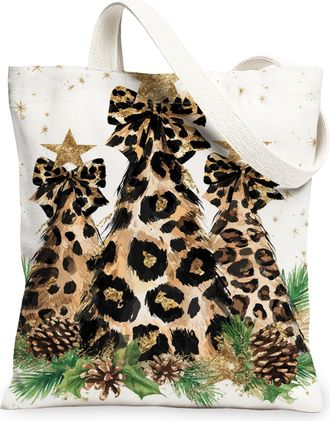 Generic Christmas Leopard Canvas Tote Bags, Stylish Animal Print Reusable Bags, Chic Eco-Friendly Lightweight Washable Shoulder Str, White, 13x15 Inch