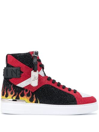 Philipp Plein Money Beast crystal flame sneakers - men - Leather/Leather/Rubber/Metallized Polyamide - 40 - Black