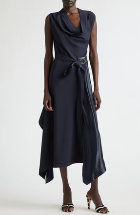 Ferragamo Asymmetric Cady & Satin Maxi Dress in New Navy at Nordstrom, Size 38