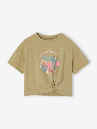 Vertbaudet T-Shirt M&auml;dchen mit Zierknoten am Saum, Recycling-Baumwolle khaki