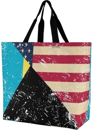 Generic US And Bahamas Vintage Flag Reusable Shopping Bags One Shoulder Grocery Tote Bag Waterproof Big Purse for Work Travel