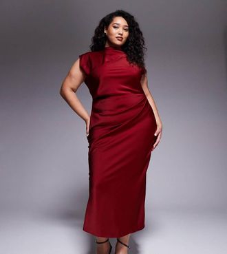 Asos Curve ASOS DESIGN Curve - Vestito midi in raso bordeaux accollato con corpino a pieghe-Rosso