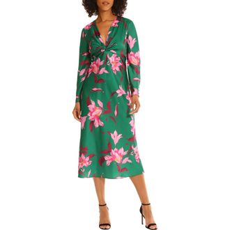Maggy London Floral Twisted Empire Waist Midi Dress in Emerald Green/Pink Blossom at Nordstrom Rack, Size 6