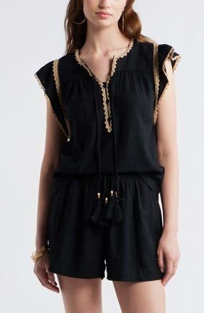 Treasure & Bond Crochet Trim Linen Blend Top in Black at Nordstrom, Size Xx-Small