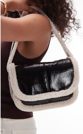 Topshop Faux Shearling Lined Faux Leather Shoulder Bag in Black at Nordstrom