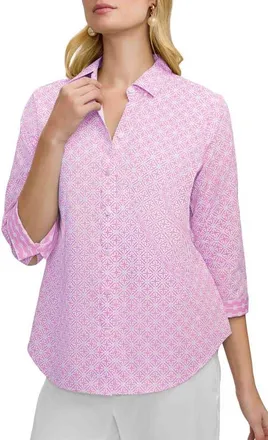 Foxcroft Margie Geo Lattice Three-Quarter Sleeve Button-Up Shirt in Pink/White at Nordstrom, Size Large
