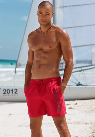 s.Oliver Badeshorts S.OLIVER Philip, Herren, Gr. XXL (58/60), N-Gr, rot, Microfaser, Polyester, unifarben, Badehosen Badeshorts, mit Logo-Print im Used-Look