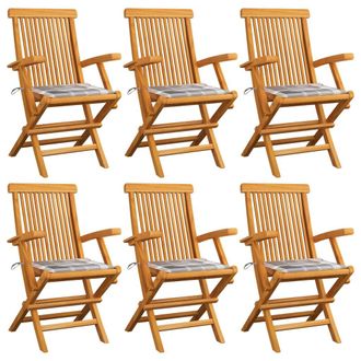 vidaXL Vidaxl - Sillas De Jard&iacute;n 6 Uds Madera Teca Con Cojines A Cuadros Grises