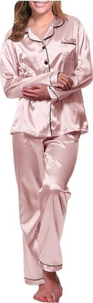 Generic Silk Pyjamas For Women Long Sleeve | Satin Pyjamas For Women Nightwear Sexy Suit Lightweight Button Blouse Elastic Waist Pants Loose Lingerie Underwea