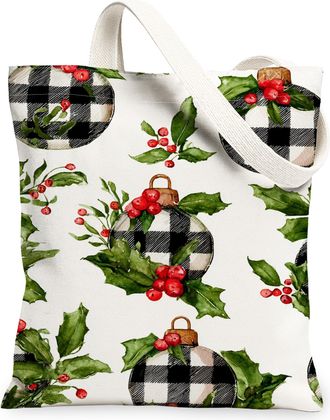 Generic Holly Pattern Canvas Tote Bags, Holiday Ornament Design Reusable Shopping Bags, Rustic Lightweight Washable Shoulder Strap Canvas for Travel Picnic 13