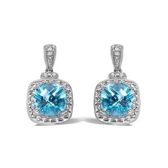 House of Brilliance Sterling Silver 8x8mm Cushion Cut Blue Topaz and Diamond Accent Drop Earrings at Nordstrom