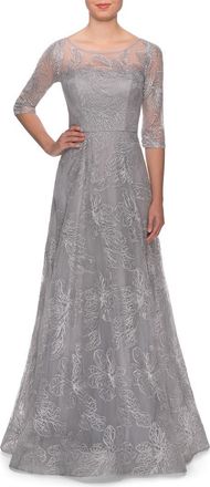 La Femme A-line Lace Sequin Gown with Sheer Scoop Neckline in Silver at Nordstrom, Size 18