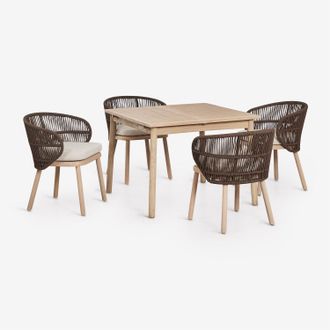 Sklum Set De Mesa 100-160x100 Cm Extensible Karvia Y 4 Sillas De Comedor En Madera De Acacia Y Cuerda Trenzada Capri Sklum