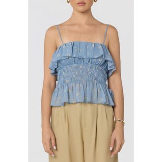 ASTR the Label Carmelitha Ditsy Floral Gingham Ruffle Trim Peplum Top in Navy Floral Gingham at Nordstrom, Size X-Small