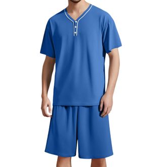 Generic Mens Pyjamas Mens Summer V Neck Short Sleeve Top And Shorts Casual Style Pajama Loungewear Set (Blue, XXXL)