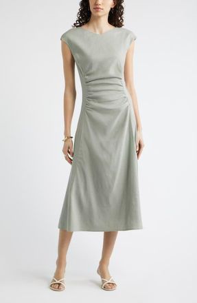 Nordstrom Linen Blend Ruched Midi Dress in Green Chaparral at Nordstrom, Size Xx-Small
