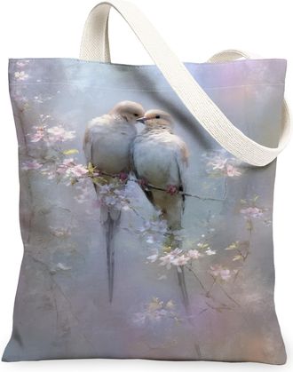Generic Spring Floral Canvas Tote Bags, Elegant Bird Blossom Pattern Reusable Shopping Bags, Lightweight Washable Shoulder Strap Ca, Light Violet, 13x15 Inch