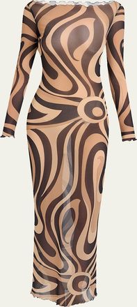 Pucci Marmo Tulle Long-Sleeve Maxi Dress