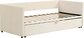 STILVORA Cama Nido 90 X 200 Cm Y 180 X 200 Cm De Terciopelo Y Mdf Con 2 Reposabrazos Y Respaldo Tapizado, Sin Colch&oacute;n, Beige