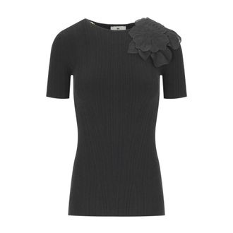 Elisabetta Franchi Tops, Dames, Zwart, XL, Zwart T-shirt met Georgette Bloem