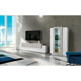 Dmora Pared Equipada Djazir, Conjunto De Sal&oacute;n Con Soporte Tv, Mueble De Sal&oacute;n Polivalente, 100% Made In Italy, Cm 280x45h121, Blanco Brillo Y Cemento - Dmo