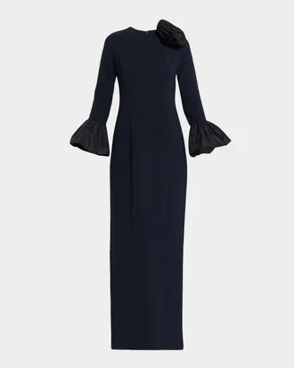 Teri Jon Taffeta-Trim Crepe Column Gown