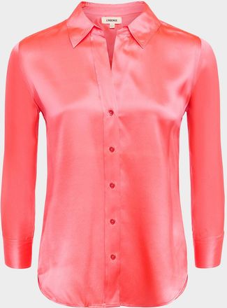 L'agence Dani Silk Satin 3/4-Sleeve Button-Down Blouse