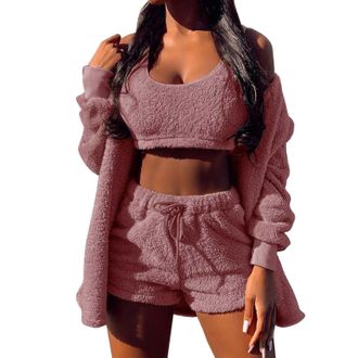 Generic Womens Fuzzy Pajamas Set Sexy Fleece 3 Piece Outfits Sweatsuit Long Sleeved Fluffy Hooded Jacket Soft Open Front Cardigan and Wide Legs Pants Shorts W