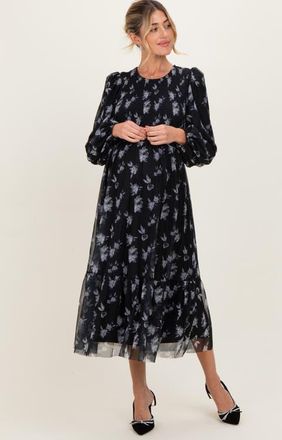 Pinkblush Floral Mesh Smocked Midi Dress in Black at Nordstrom, Size Small