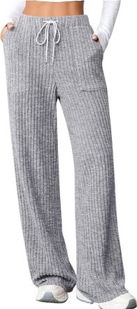 Generic Women Ribbed Knitted Wide Leg Trousers Baggy Lounge Jogging Sweatpants Elastic Waisted Drawstring Straight Leg Tracksuit Bottoms with Pockets Casual S