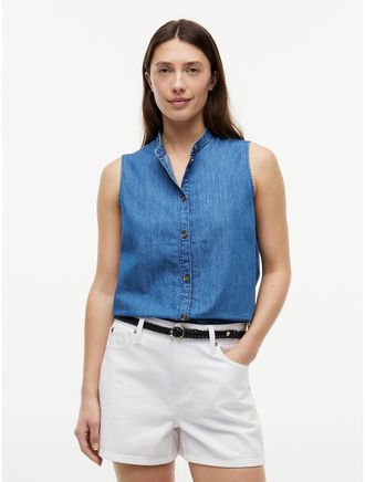 Tommy Hilfiger Womens Sleeveless Chambray Shirt - Medium Wash - XS