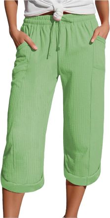 Generic Summer Trousers for Women, Lightweight Trousers Women UK Linen and Cotton Plus Size Elasticated Waist Capri Casual Summer Beach Pants High Waist Strai