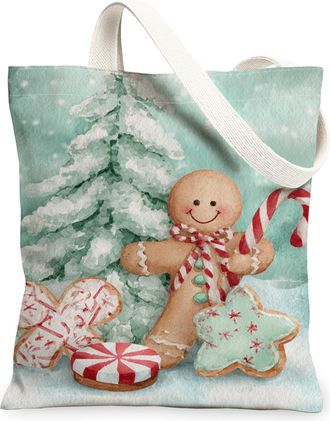 Generic Christmas Gingerbread Canvas Tote Bags, Festive Biscuits Design Reusable Bags, Winter Retro Lightweight Washable for Travel, Mint, 13x15 Inch