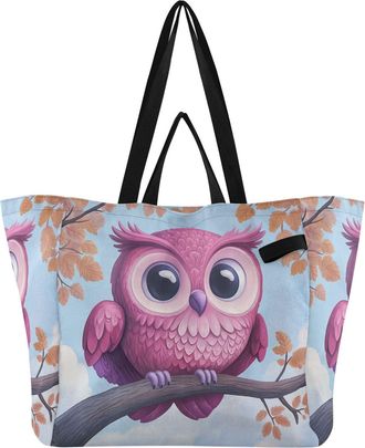 Generic Pink Owl Autumn pattern Reusable Canvas Tote Bag, Heavy Duty Grocery Shopping Bag with Double Handles Large Capacity Hard Bottom Work Groceries Travel