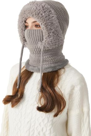 Feoya Womens Fleece Balaclava Winter Grey Thermal Knitted Ski Face Mask for Women UK Windproof Neck Warmer Warm Hat with Face Neck Cover Skiing Snowboard Kn