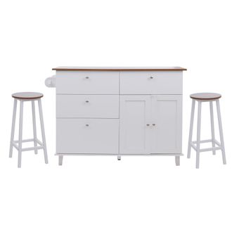 Hhg Isola Cucina Hhg-692 Con 2 Sgabelli, Credenza Con Cassetti E Scomparti Mdf 90x131x47 Cm, Bianco, Legno Chiaro