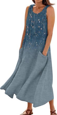 Generic Petite Dresses Wedding Guest Casual Flowy Loose Floral Print Crew Neck Sleeveless Dresses Maxi Tank Dress with Pockets Womens Shirt Dress (Gray, XL)