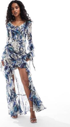 Asos Vestito lungo a maniche lunghe con volant e inserti in pizzo con stampa di rose-Multicolore