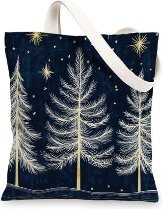 Generic Winter Christmas Pine Tree Canvas Tote Bag for Shopping 13x15, Aesthetic Xmas Snowflakes Reusable Grocery Print Pattern Bag for Women, Holiday New Yea