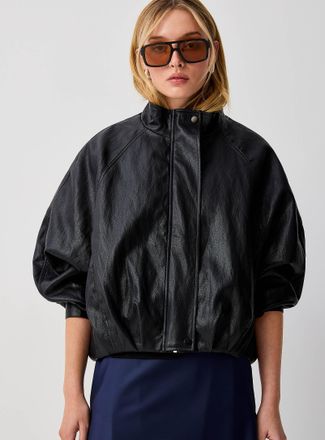 Icone Womens Slouchy faux-leather funnel-neck bubble jacket