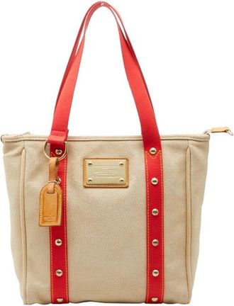 Louis Vuitton Beige Red Color Canvas Tote Bag (Pre-Owned)