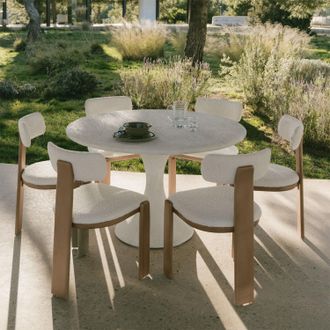 Sklum Set De Mesa Redonda &Oslash;120 Cm En Cemento Eloria Y 6 Sillas De Jard&iacute;n En Madera De Acacia Y Tela Boucl&eacute; Malta Sklum