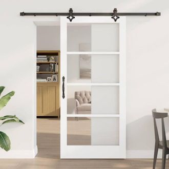 vidaXL Puerta Corredera Vidaxl Con Set De Hardware orkdalblanca De Madera S&oacute;lida Y Vidrio
