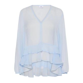 Saint Tropez Blue Cashmere Blouse with Ruffles - female - Saint Tropez - Blouses - Blue - L - Blouses & Shirts