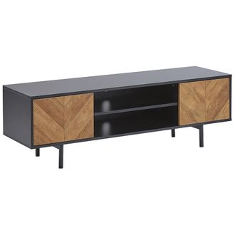 Beliani Mueble Tv De Madera Clara Aglomerado Negro 2 Puertas Hasta 60 Patas De Metal Almacenaje Industrial Salina