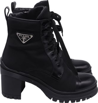 Prada Re-Nylon Metal Triangle Lace Up Ankle Boots in Black Leather