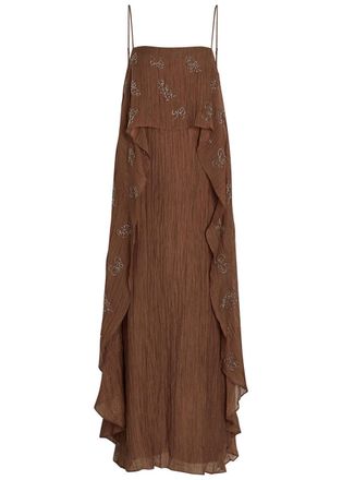 Staud Valencia Bead-embellished Crinkled Pliss&eacute; Midi Dress - Brown - 0 (UK4 / Xxs)