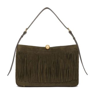 Furla Tassen, Dames, Groen, ONE Size, Su&egrave;de, Olijfgroene Su&egrave;de Schoudertas met Franjes