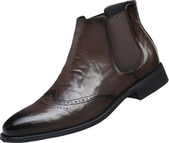 Generic Mens Pull on Chelsea Ankle Boots Pointed Toe PU Leather Vintage Brogue Shoes Flat Heel Formal Boots,Brown,6.5 UK
