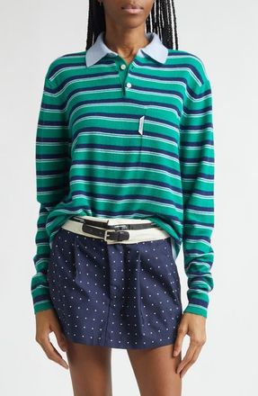 HommeGirls Stripe Wool & Cashmere Polo Sweater in Green Stripe at Nordstrom, Size Medium
